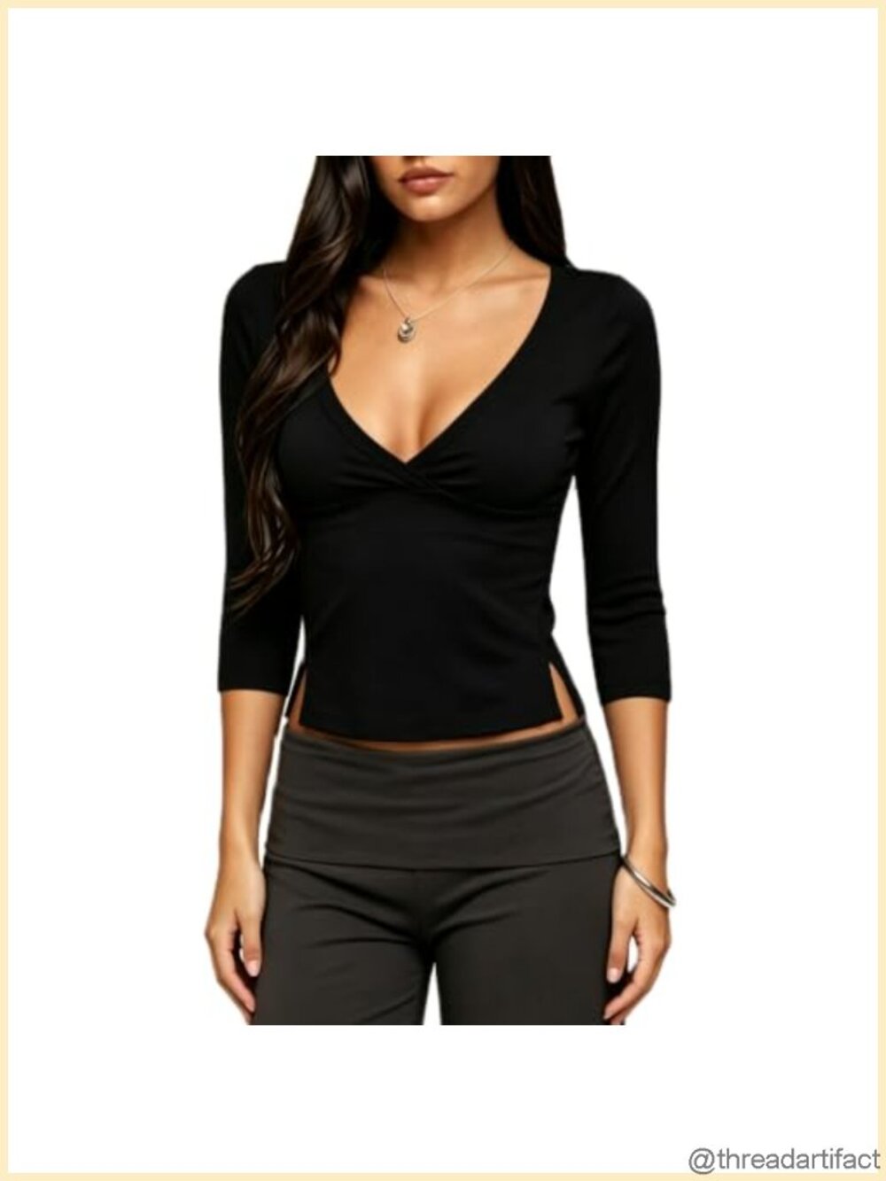 Women's 3/4 Sleeve Wrap V Neck Slim Fit Side Slit T-Shirt